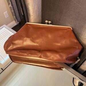 Original Oversized Jesalin Brown Leather Kiss Lock Clutch